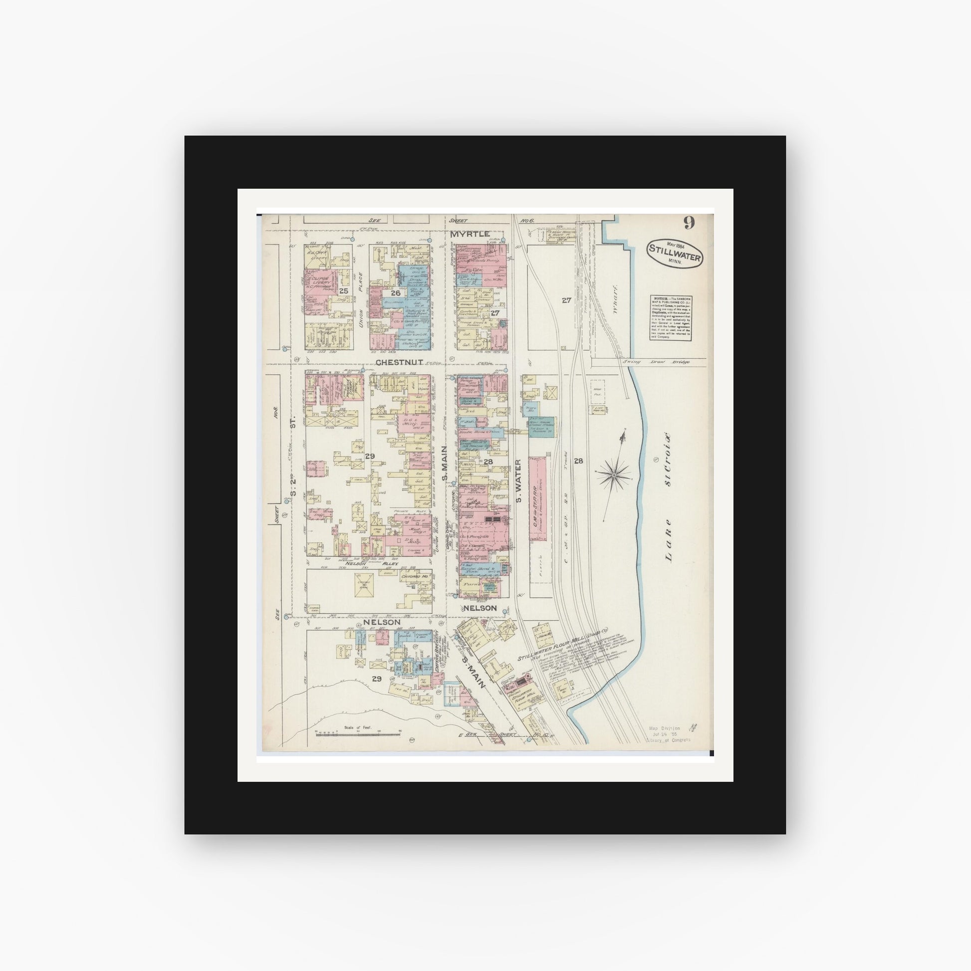 Old map wall art mockup — black gallery frame with white mat — Sanborn Fire Insurance Map from Stillwater, Washington County, Minnesota (1884), Sheet #0009
