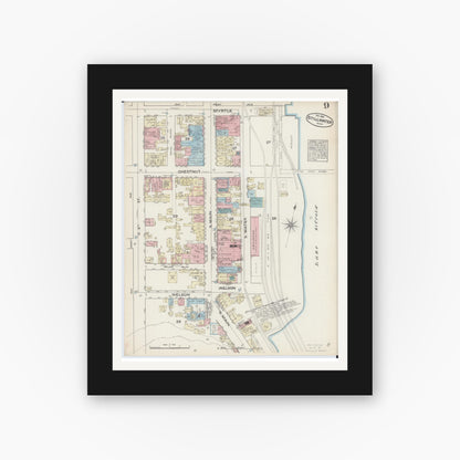 Old map wall art mockup — black gallery frame with white mat — Sanborn Fire Insurance Map from Stillwater, Washington County, Minnesota (1884), Sheet #0009