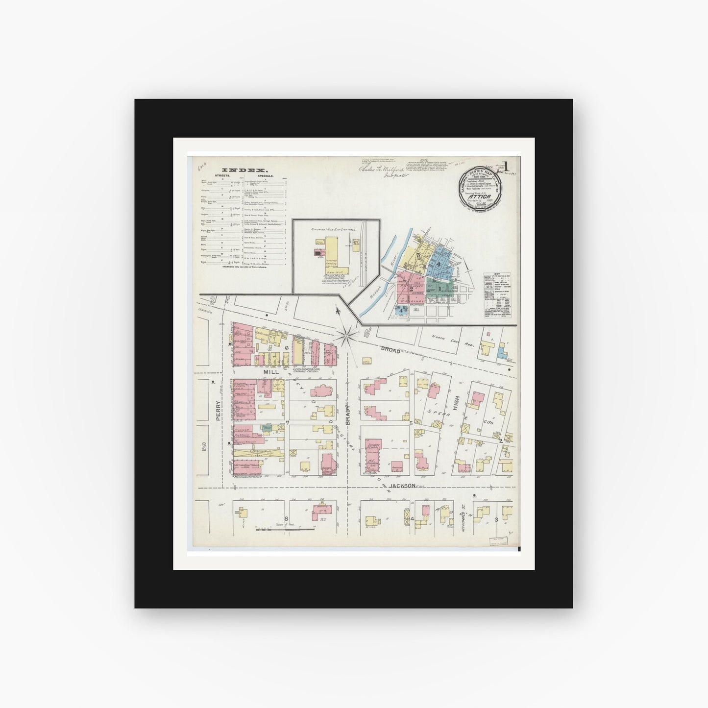 Old map wall art mockup — black gallery frame with white mat — Sanborn Fire Insurance Map from Attica, Fountain County, Indiana (1892), Sheet #0001
