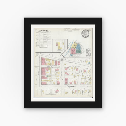 Old map wall art mockup — black gallery frame with white mat — Sanborn Fire Insurance Map from Attica, Fountain County, Indiana (1892), Sheet #0001