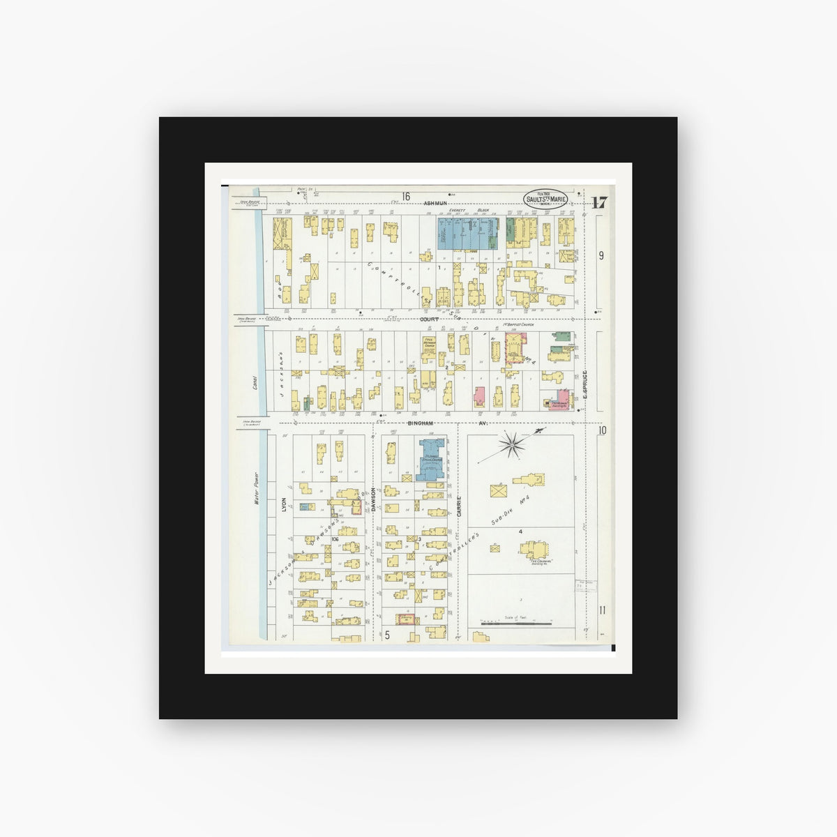 Old map wall art mockup — black gallery frame with white mat — Sanborn Fire Insurance Map from Sault Sainte Marie, Chippewa County, Michigan (1902), Sheet #0017