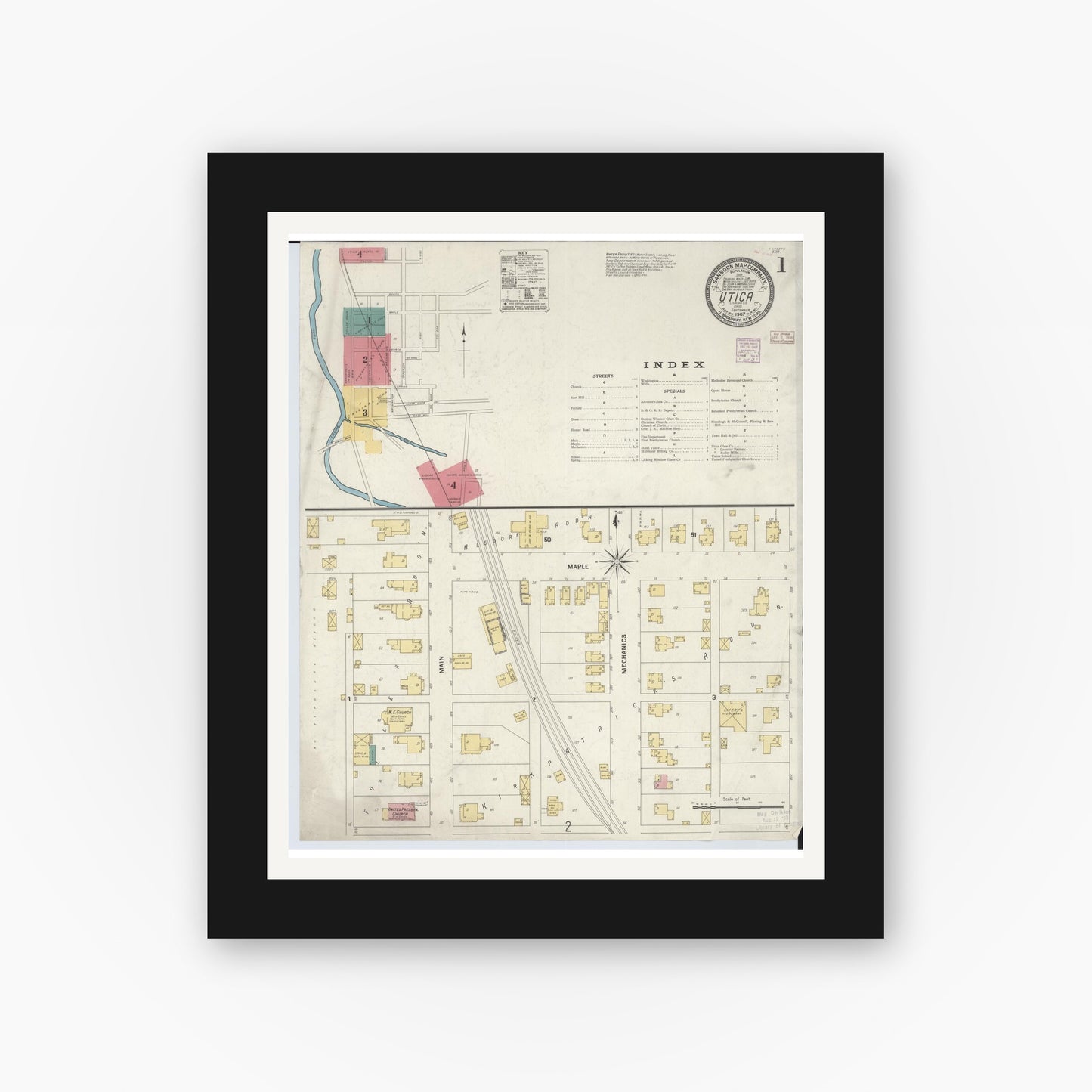 Old map wall art mockup — black gallery frame with white mat — Sanborn Fire Insurance Map from Utica, Licking County, Ohio (1907) - Complete Map Set