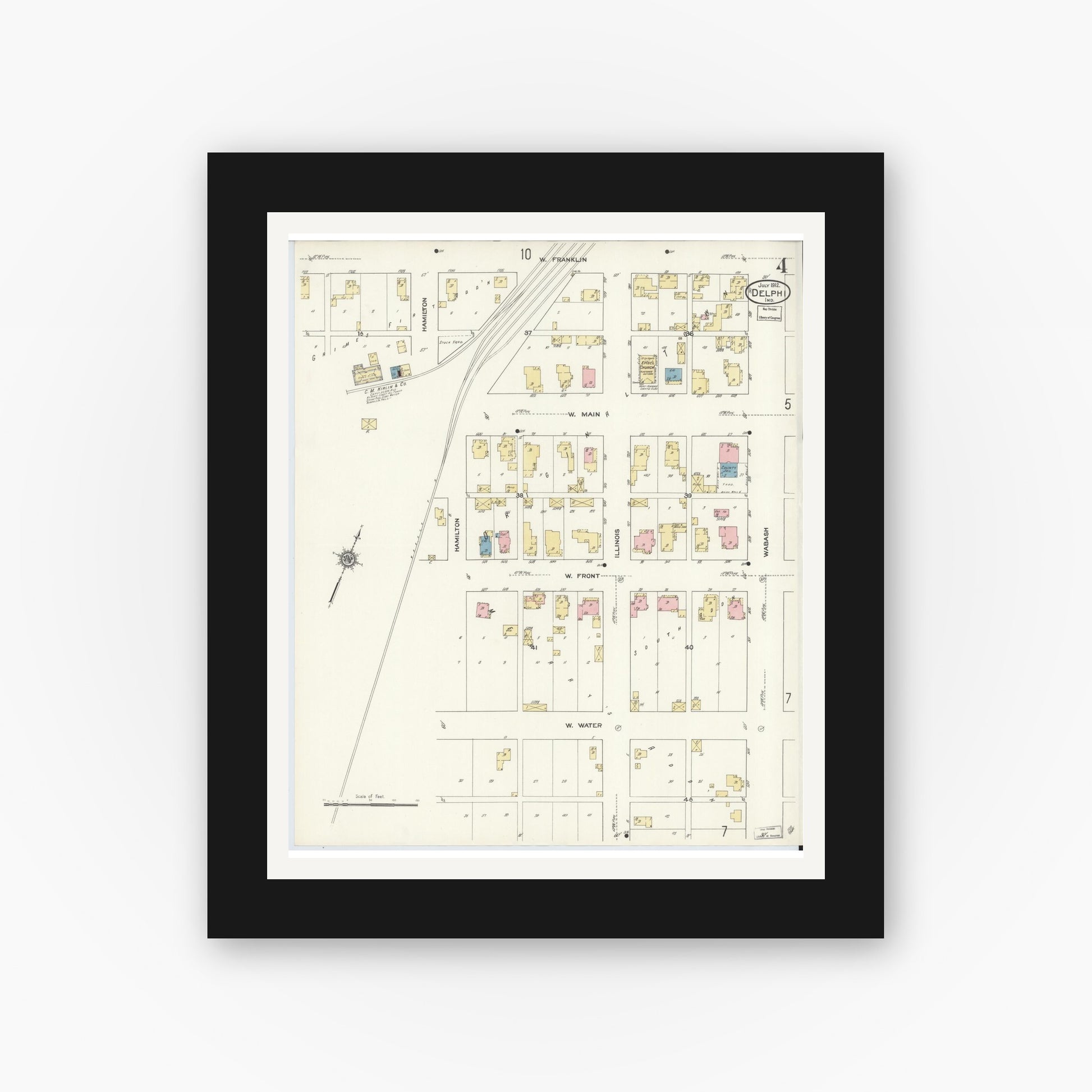 Old map wall art mockup — black gallery frame with white mat — Sanborn Fire Insurance Map from Delphi, Carroll County, Indiana (1912), Sheet #0004