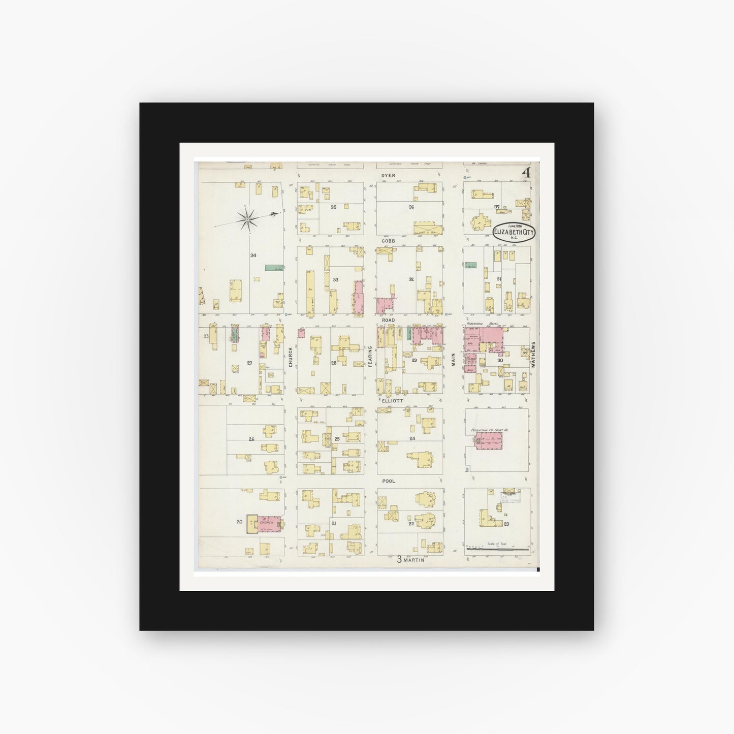 Old map wall art mockup — black gallery frame with white mat — Sanborn Fire Insurance Map from Elizabeth City, Pasquotank County, North Carolina (1896), Sheet #0004