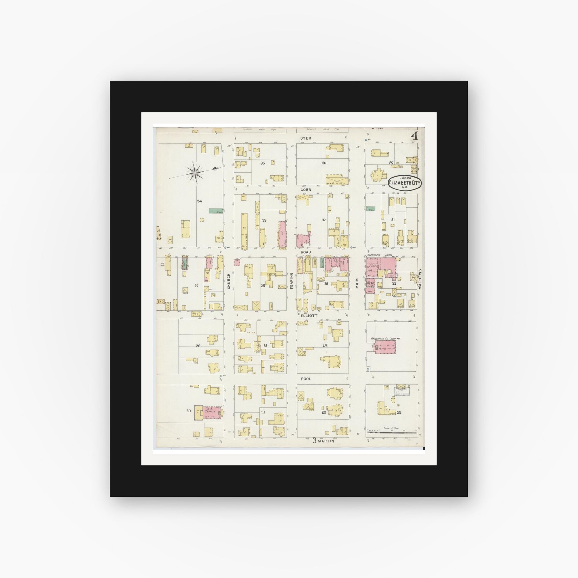 Old map wall art mockup — black gallery frame with white mat — Sanborn Fire Insurance Map from Elizabeth City, Pasquotank County, North Carolina (1896), Sheet #0004