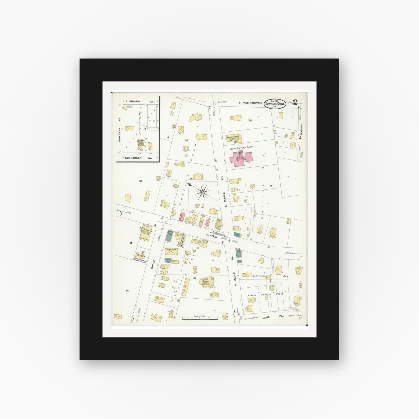 Old map wall art mockup — black gallery frame with white mat — Sanborn Fire Insurance Map from Downers Grove, Dupage County, Illinois (1909), Sheet #0002