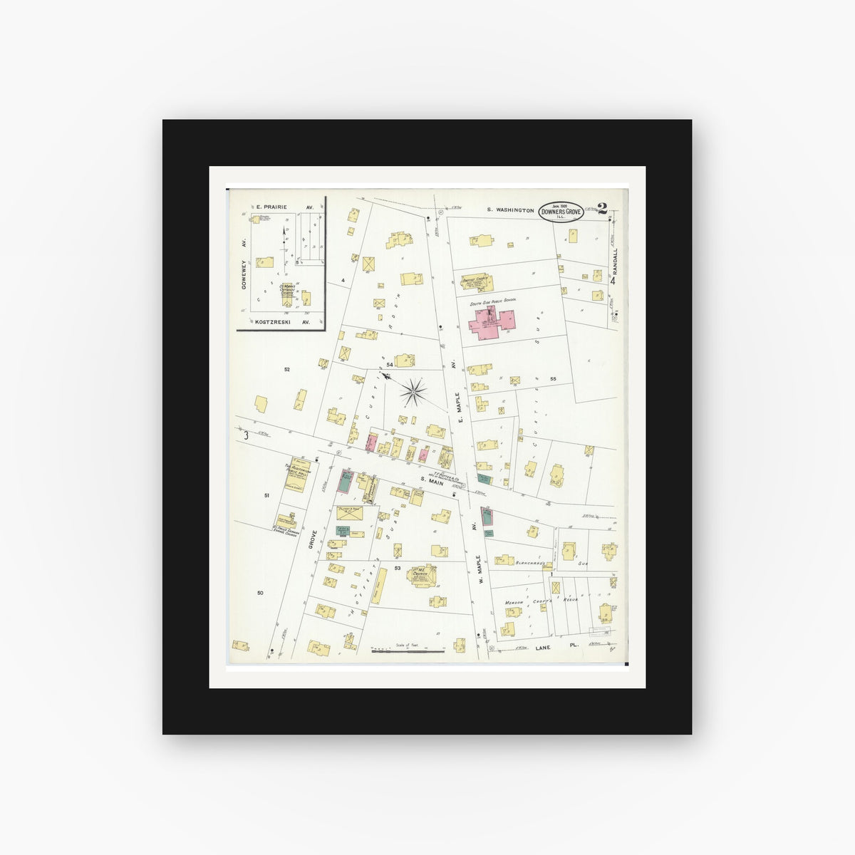 Old map wall art mockup — black gallery frame with white mat — Sanborn Fire Insurance Map from Downers Grove, Dupage County, Illinois (1909), Sheet #0002