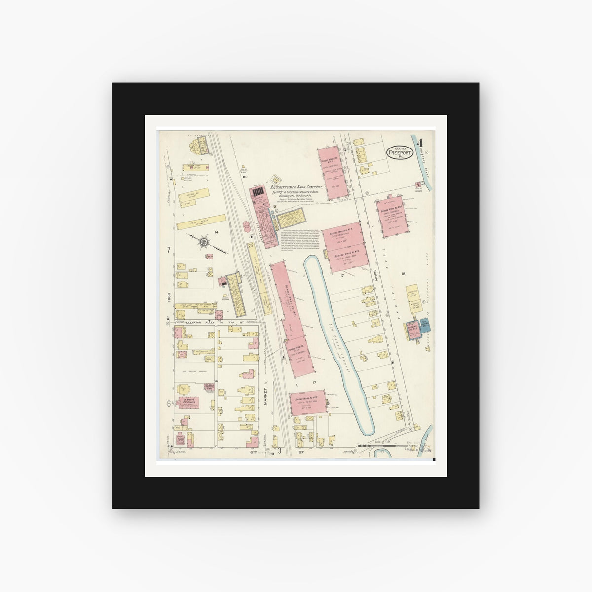Old map wall art mockup — black gallery frame with white mat — Sanborn Fire Insurance Map from Freeport, Armstrong County, Pennsylvania (1913), Sheet #0004