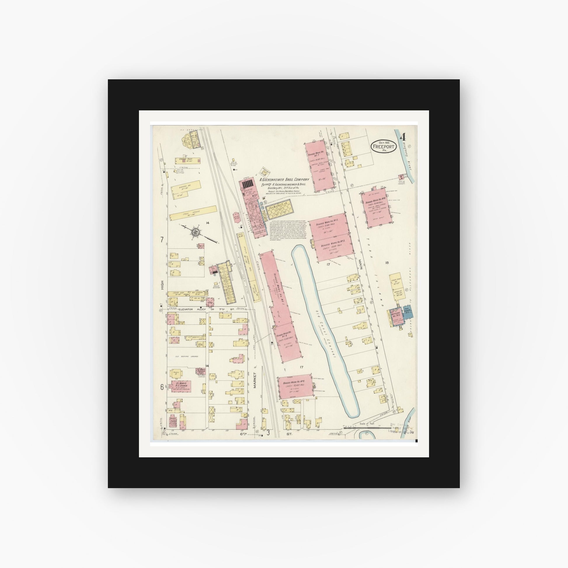 Old map wall art mockup — black gallery frame with white mat — Sanborn Fire Insurance Map from Freeport, Armstrong County, Pennsylvania (1913), Sheet #0004