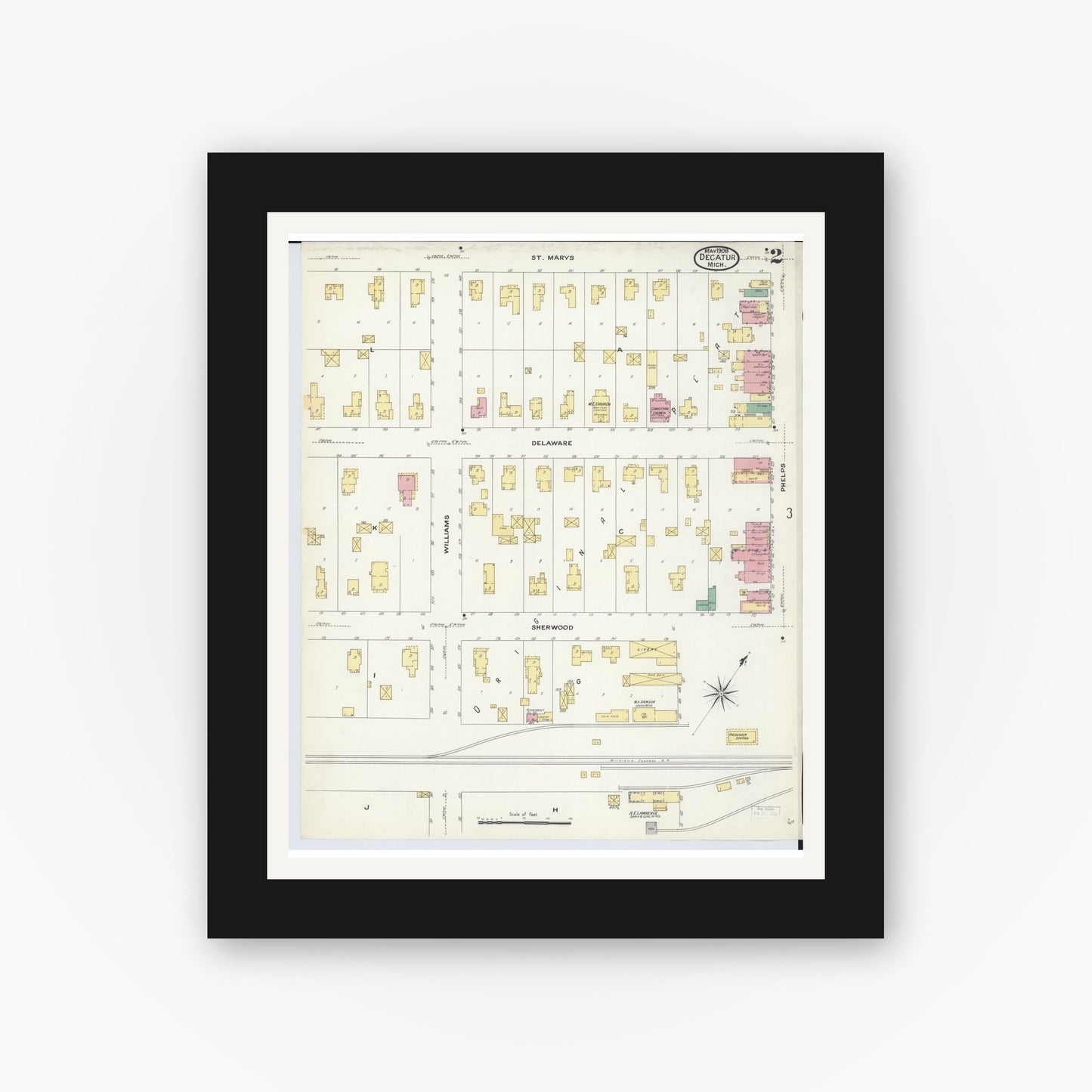 Old map wall art mockup — black gallery frame with white mat — Sanborn Fire Insurance Map from Decatur, Van Buren County, Michigan (1908), Sheet #0002