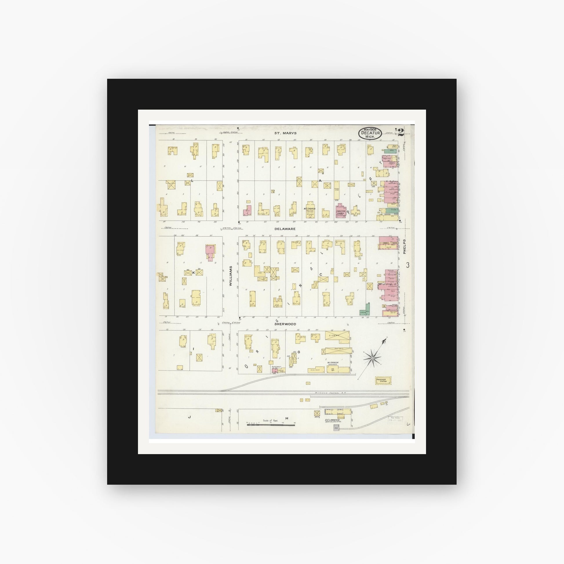 Old map wall art mockup — black gallery frame with white mat — Sanborn Fire Insurance Map from Decatur, Van Buren County, Michigan (1908), Sheet #0002