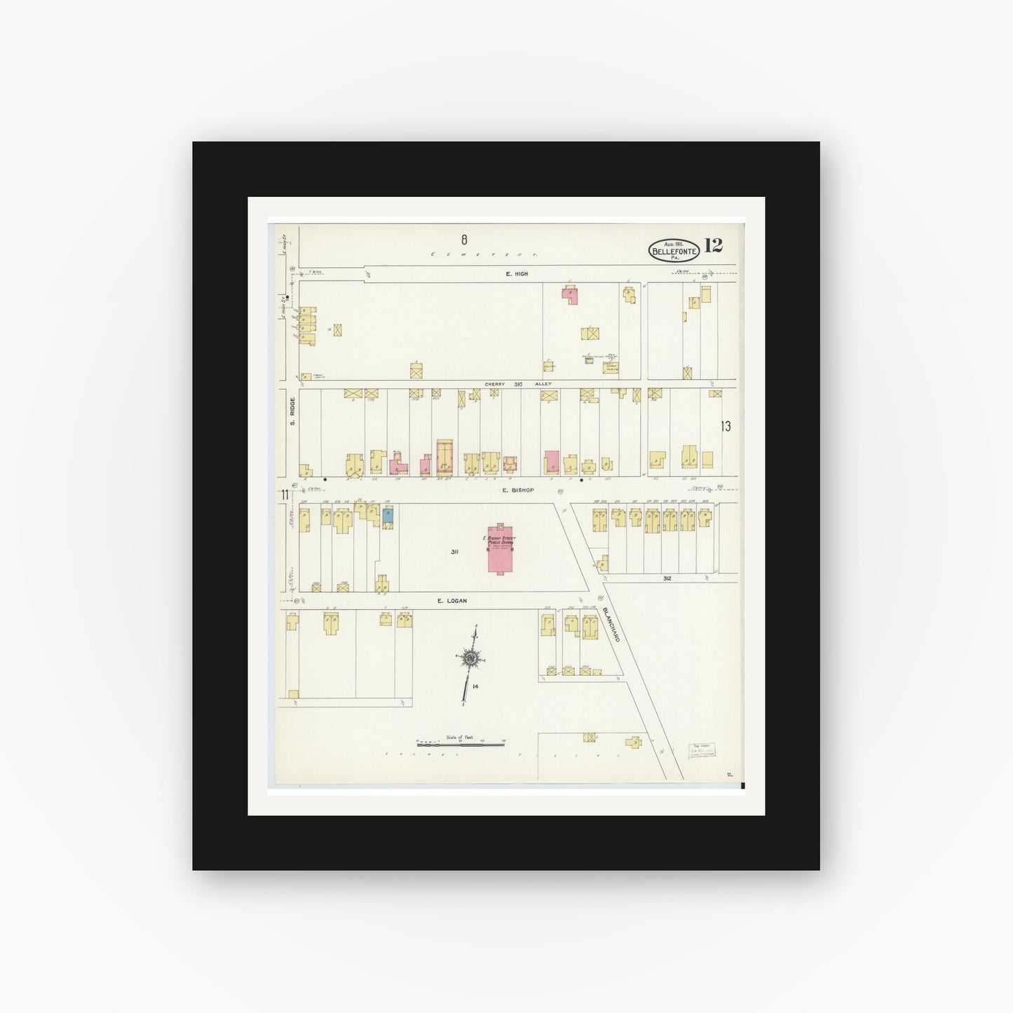 Old map wall art mockup — black gallery frame with white mat — Sanborn Fire Insurance Map from Bellefonte, Centre County, Pennsylvania (1911), Sheet #0012