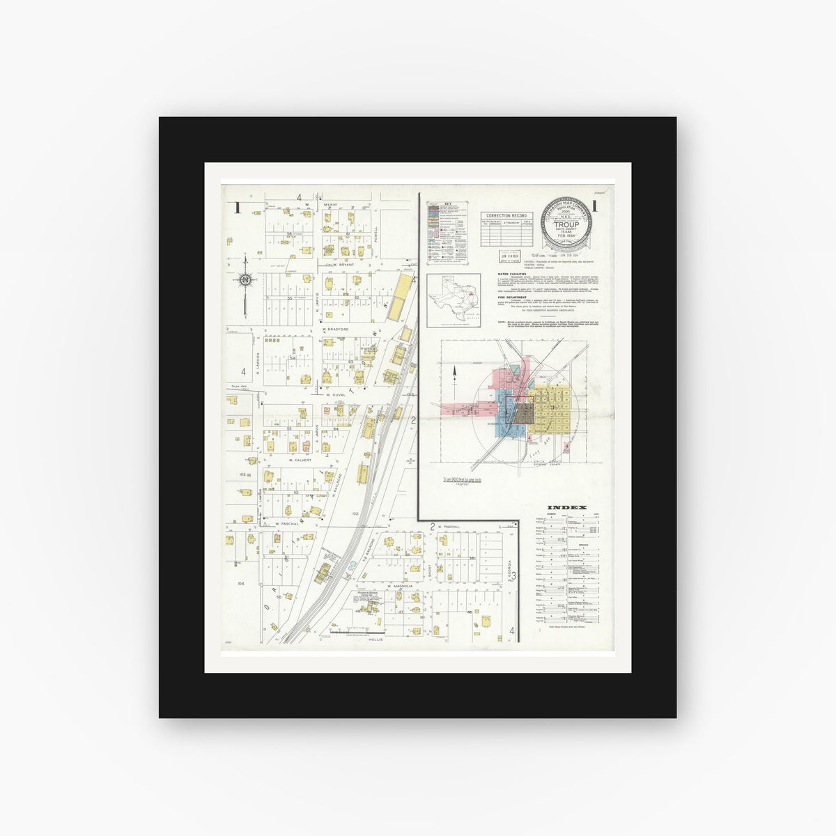 Old map wall art mockup — black gallery frame with white mat — Sanborn Fire Insurance Map from Troup, Smith County, Texas (1934) - Complete Map Set