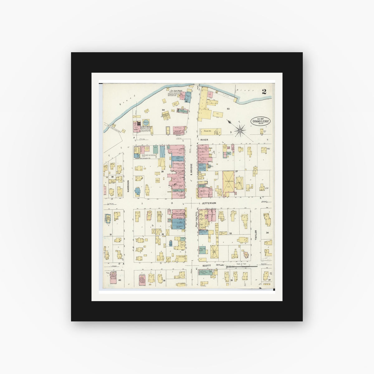 Old map wall art mockup — black gallery frame with white mat — Sanborn Fire Insurance Map from Grand Ledge, Eaton County, Michigan (1907), Sheet #0002