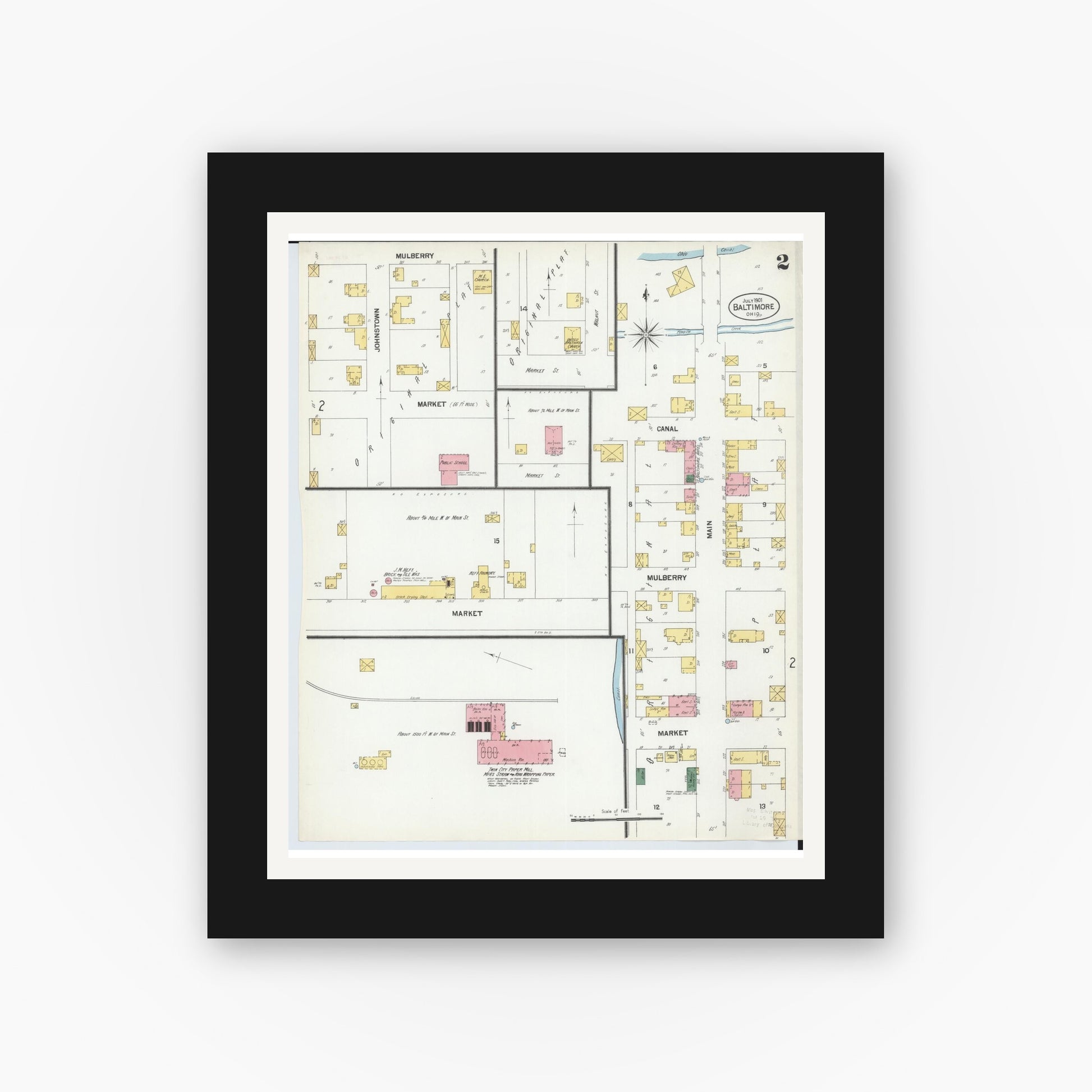 Old map wall art mockup — black gallery frame with white mat — Sanborn Fire Insurance Map from Baltimore, Fairfield County, Ohio (1901), Sheet #0002