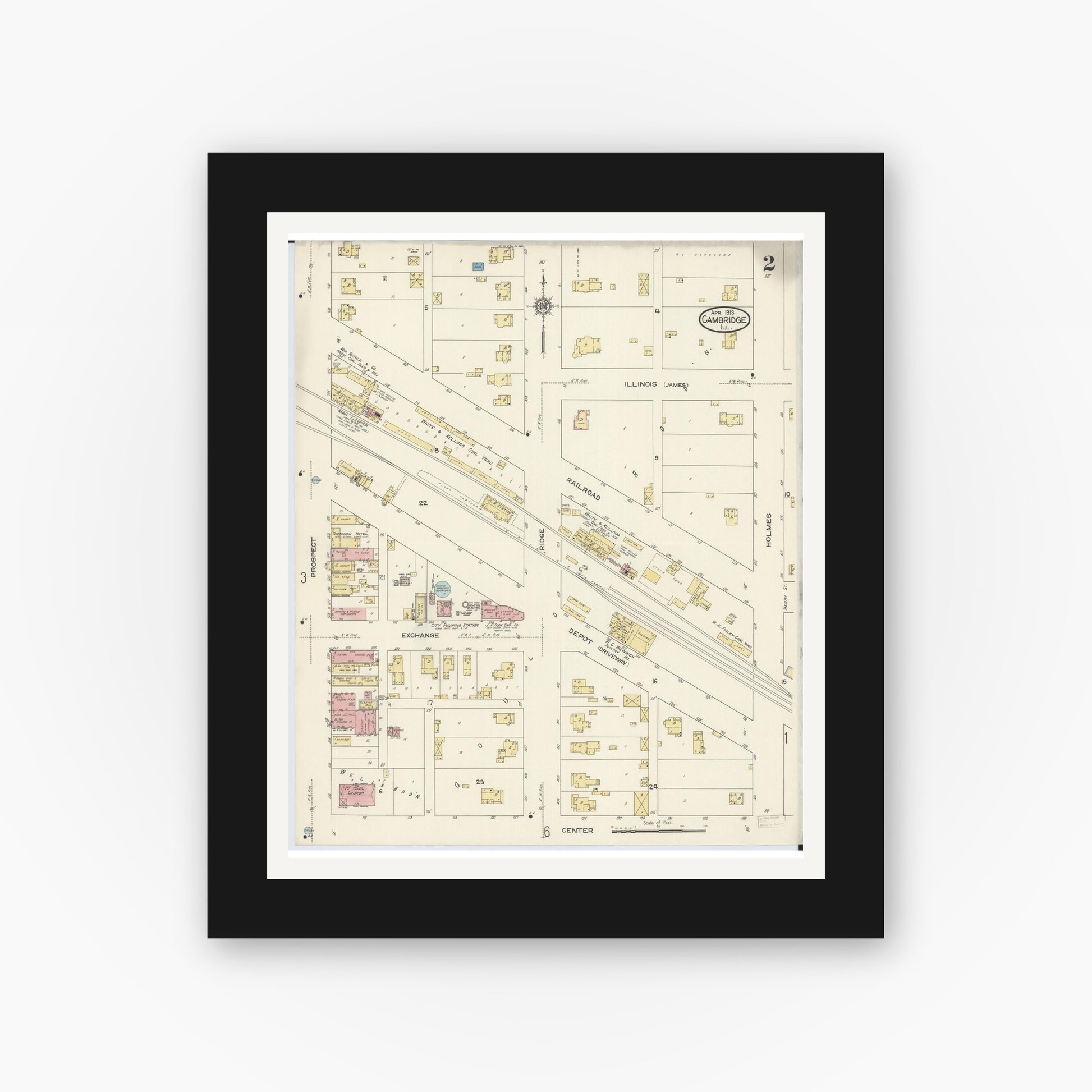 Old map wall art mockup — black gallery frame with white mat — Sanborn Fire Insurance Map from Cambridge, Henry County, Illinois (1913), Sheet #0002