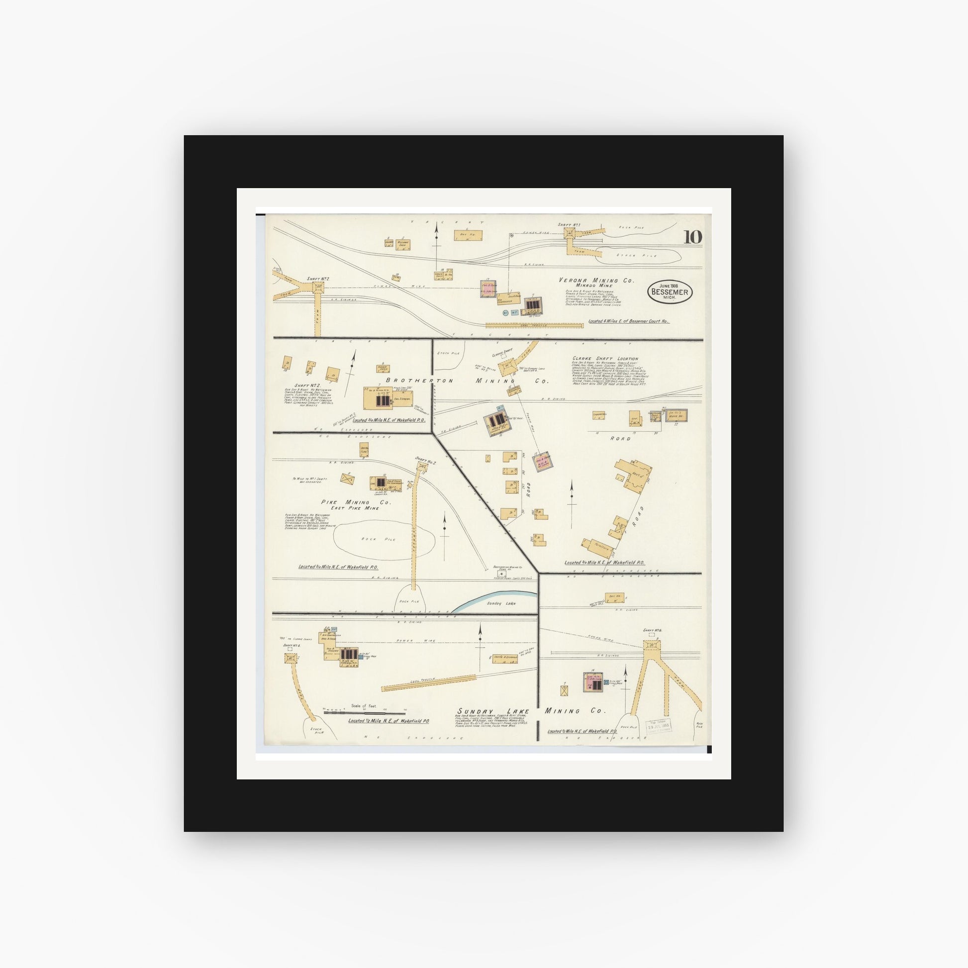 Old map wall art mockup — black gallery frame with white mat — Sanborn Fire Insurance Map from Bessemer, Gogebic County, Michigan (1908), Sheet #0010