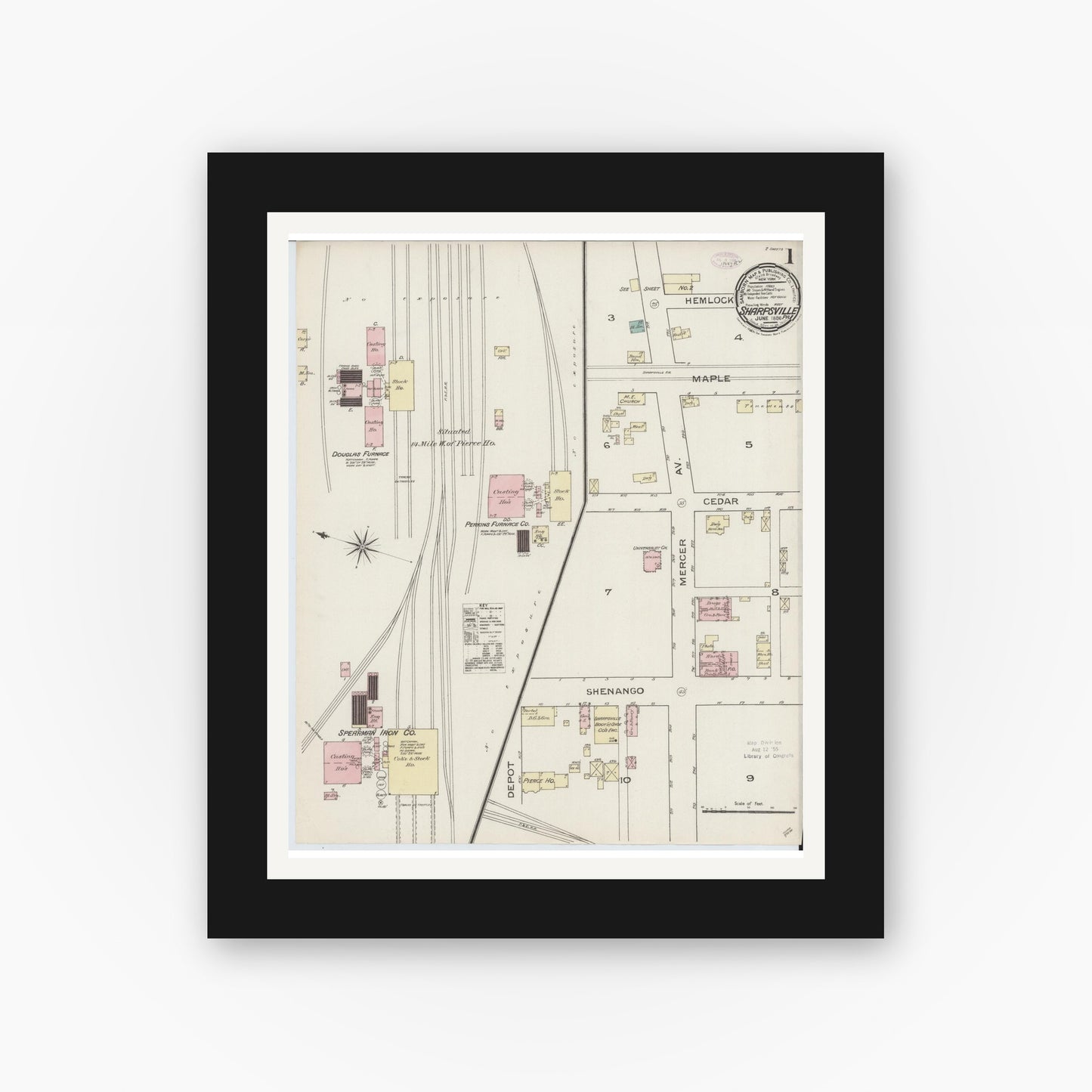 Old map wall art mockup — black gallery frame with white mat — Sanborn Fire Insurance Map from Sharpsville, Mercer County, Pennsylvania (1886), Sheet #0001