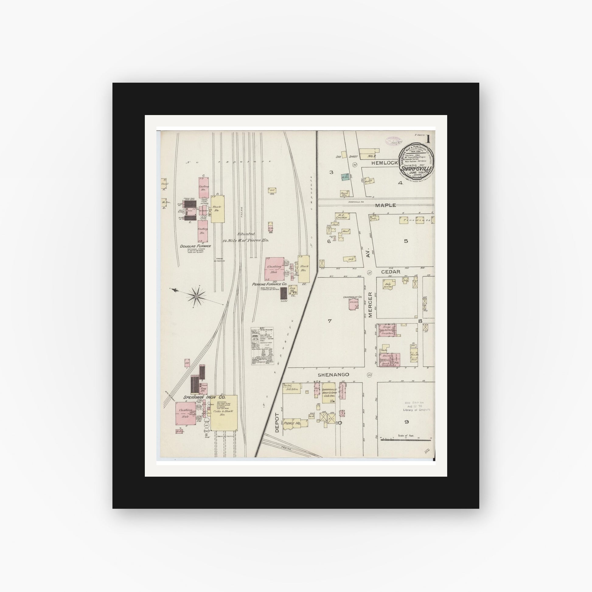 Old map wall art mockup — black gallery frame with white mat — Sanborn Fire Insurance Map from Sharpsville, Mercer County, Pennsylvania (1886), Sheet #0001