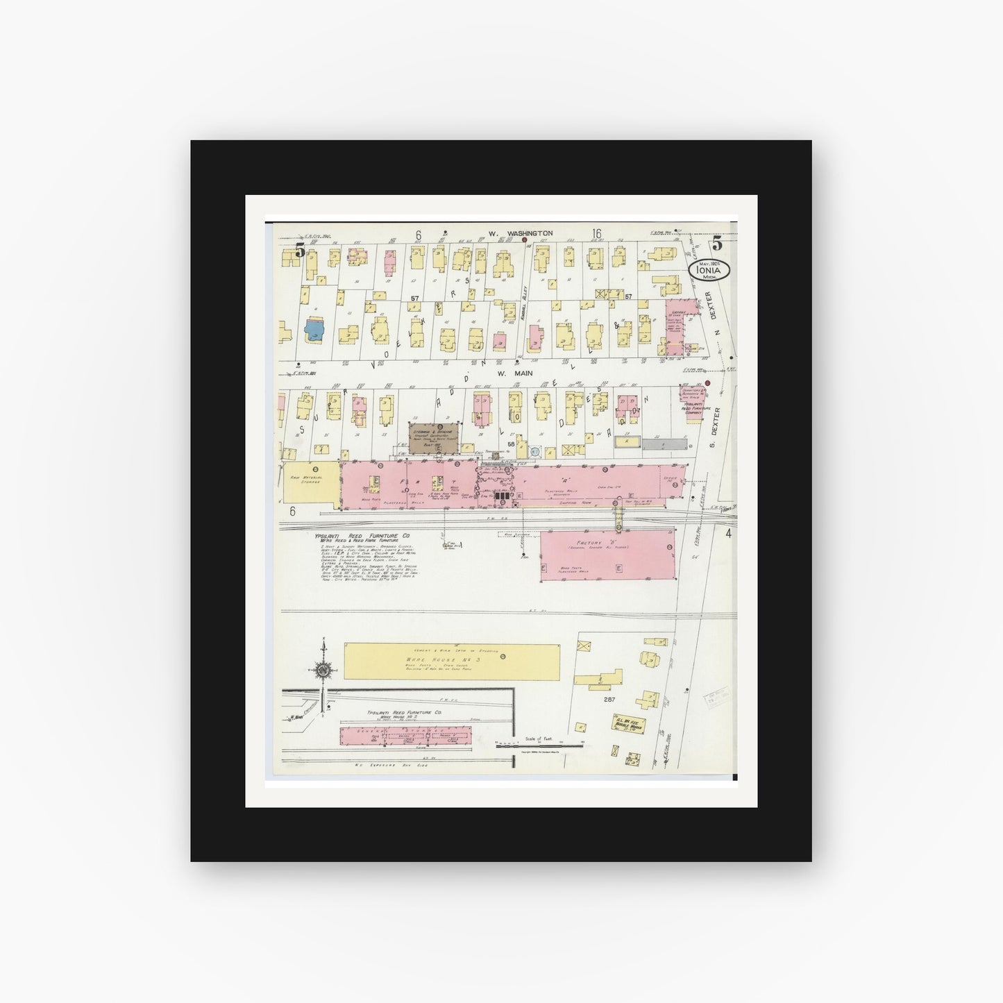 Old map wall art mockup — black gallery frame with white mat — Sanborn Fire Insurance Map from Ionia, Ionia County, Michigan (1924), Sheet #0005