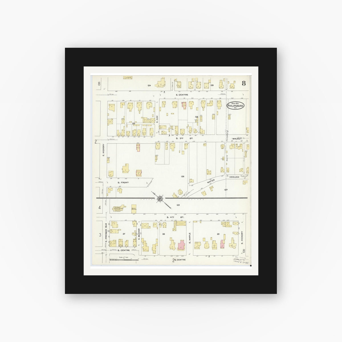 Old map wall art mockup — black gallery frame with white mat — Sanborn Fire Insurance Map from Philipsburg, Centre County, Pennsylvania (1910), Sheet #0008