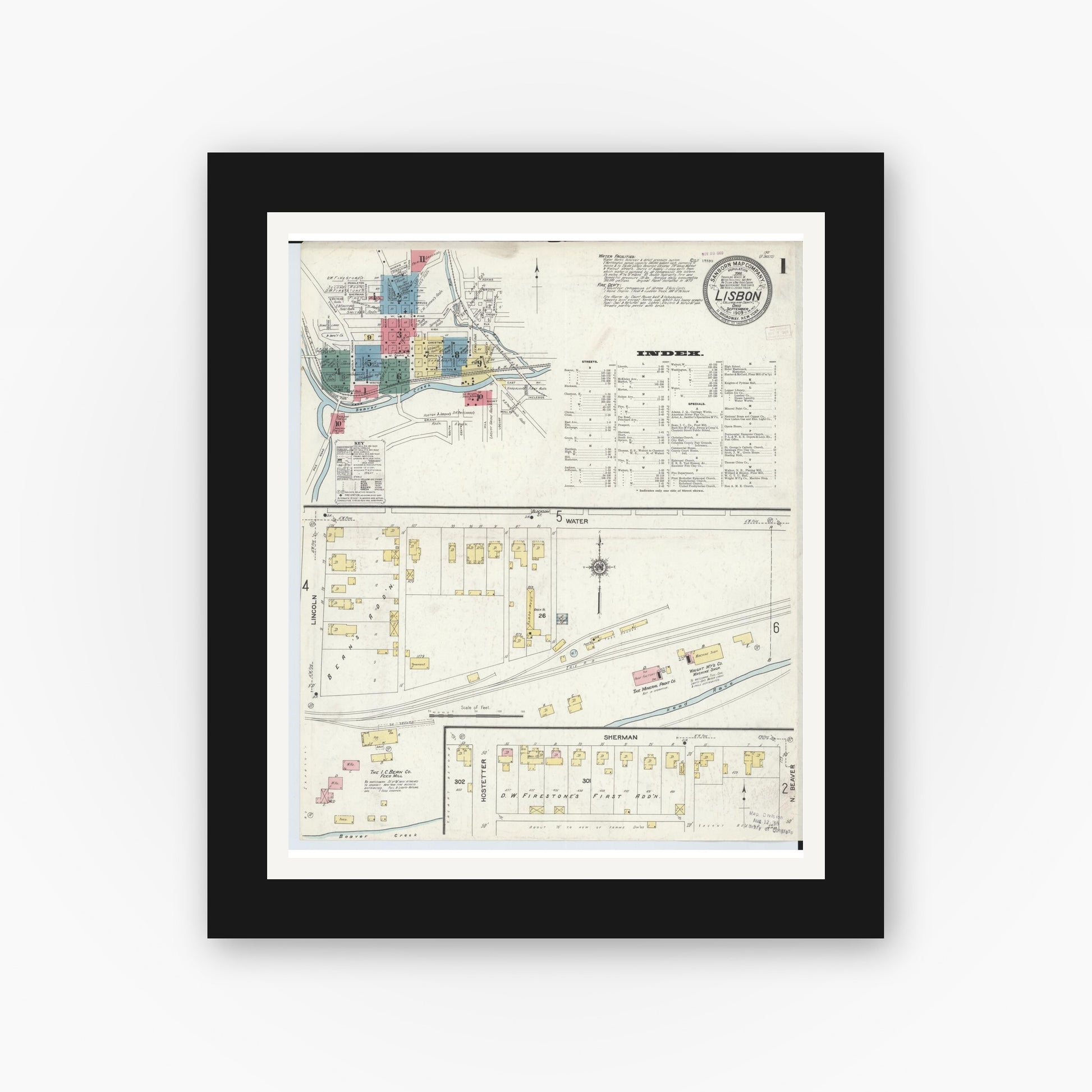 Old map wall art mockup — black gallery frame with white mat — Sanborn Fire Insurance Map from Lisbon, Columbiana County, Ohio (1909), Sheet #0001