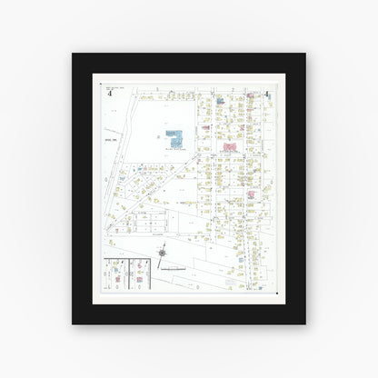 Old map wall art mockup — black gallery frame with white mat — Sanborn Fire Insurance Map from West Milton, Miami County, Ohio (1951), Sheet #0004