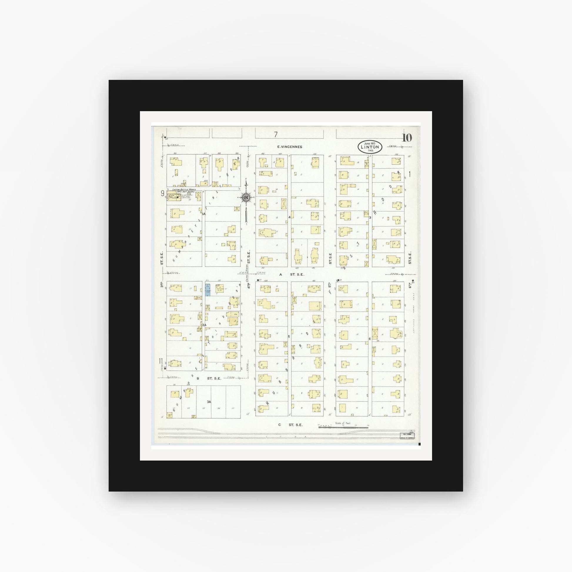 Old map wall art mockup — black gallery frame with white mat — Sanborn Fire Insurance Map from Linton, Greene County, Indiana (1910), Sheet #0010