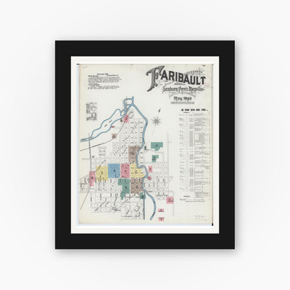 Old map wall art mockup — black gallery frame with white mat — Sanborn Fire Insurance Map from Faribault, Rice County, Minnesota (1893), Sheet #0001