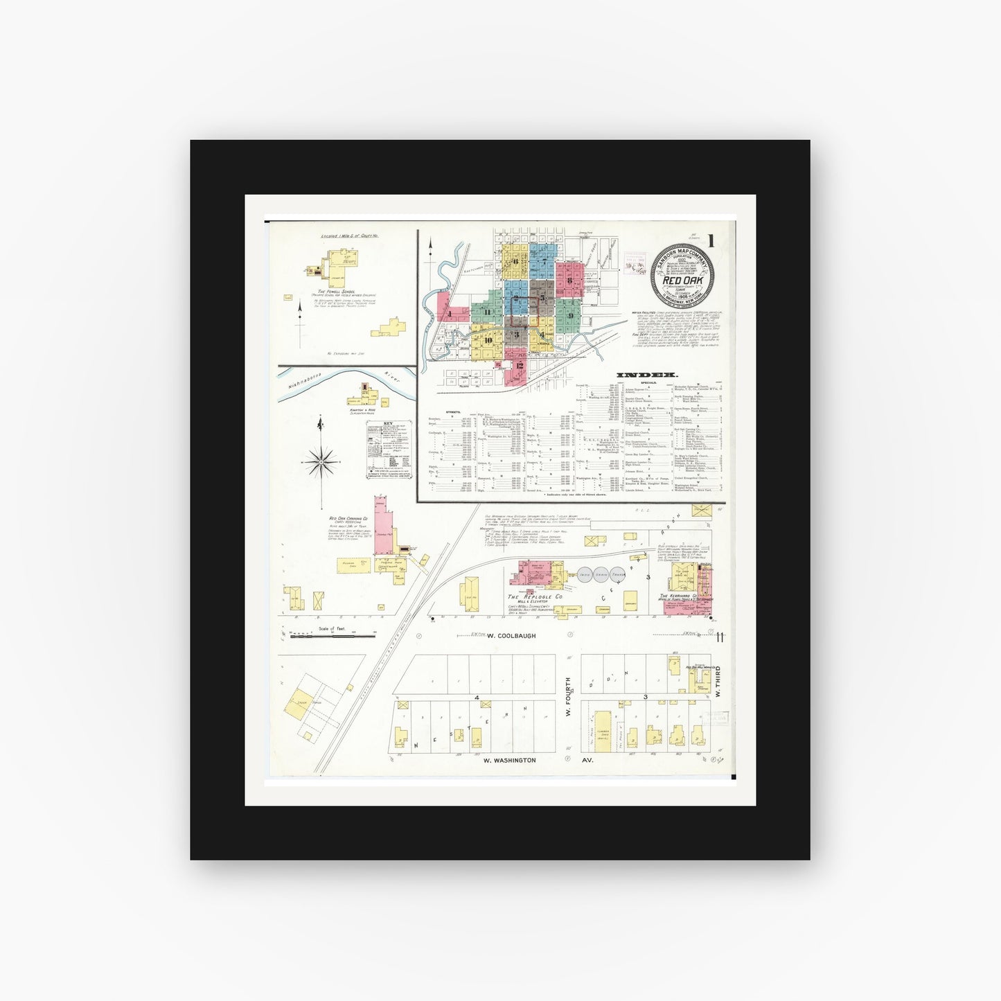 Old map wall art mockup — black gallery frame with white mat — Sanborn Fire Insurance Map from Red Oak, Montgomery County, Iowa (1908), Sheet #0001