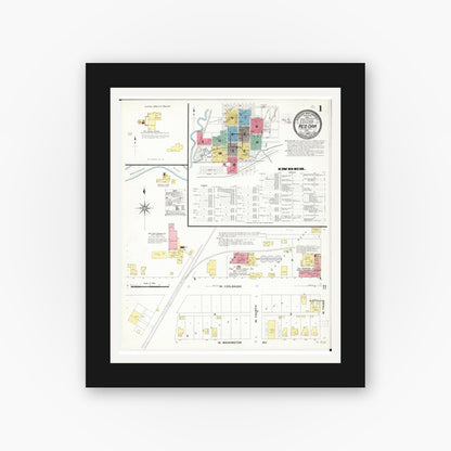 Old map wall art mockup — black gallery frame with white mat — Sanborn Fire Insurance Map from Red Oak, Montgomery County, Iowa (1908), Sheet #0001
