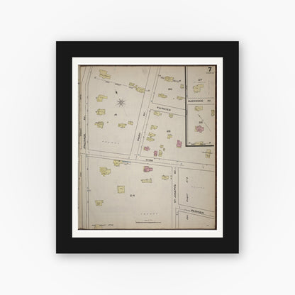 Old map wall art mockup — black gallery frame with white mat — Sanborn Fire Insurance Map from Yonkers, Westchester County, New York (1886), Sheet #0007