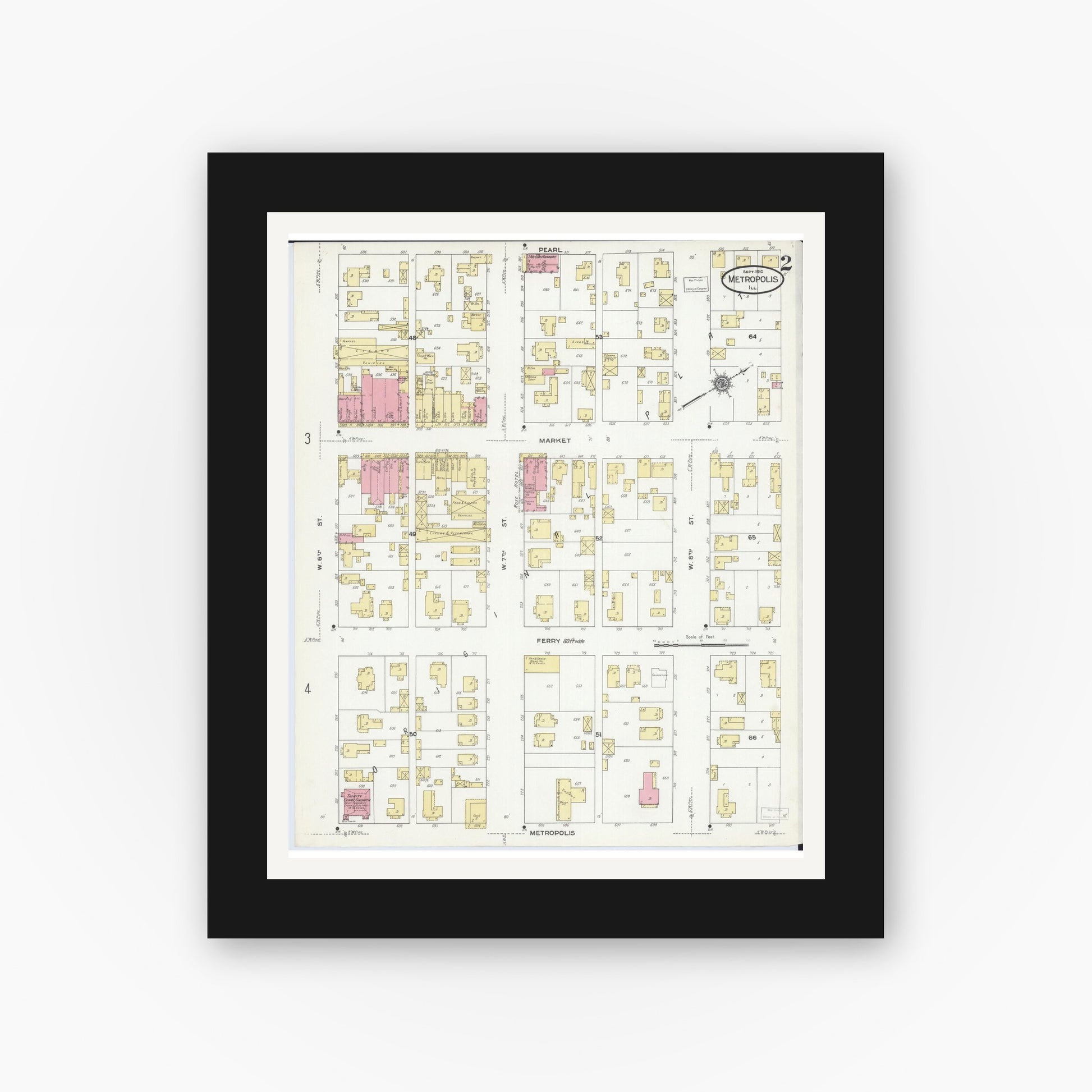 Old map wall art mockup — black gallery frame with white mat — Sanborn Fire Insurance Map from Metropolis, Massac County, Illinois (1910), Sheet #0002