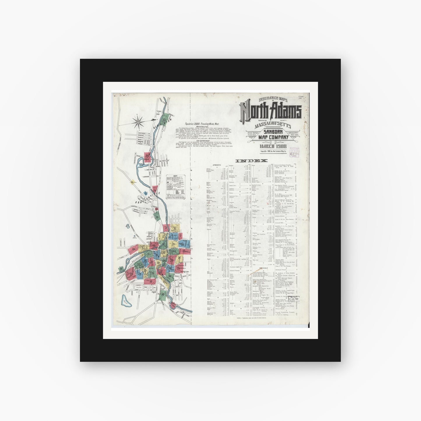 Old map wall art mockup — black gallery frame with white mat — Sanborn Fire Insurance Map from North Adams, Berkshire County, Massachusetts (1908), Sheet #0001