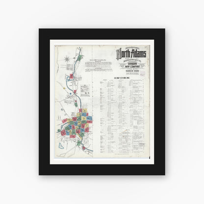 Old map wall art mockup — black gallery frame with white mat — Sanborn Fire Insurance Map from North Adams, Berkshire County, Massachusetts (1908), Sheet #0001