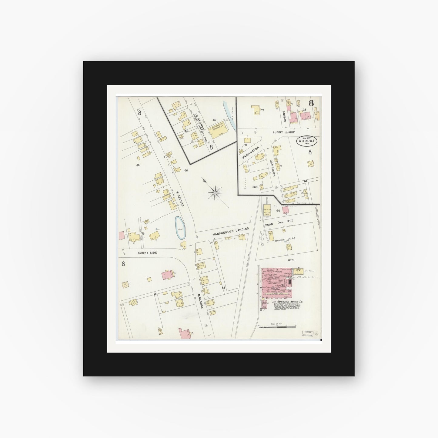 Old map wall art mockup — black gallery frame with white mat — Sanborn Fire Insurance Map from Aurora, Dearborn County, Indiana (1897), Sheet #0008