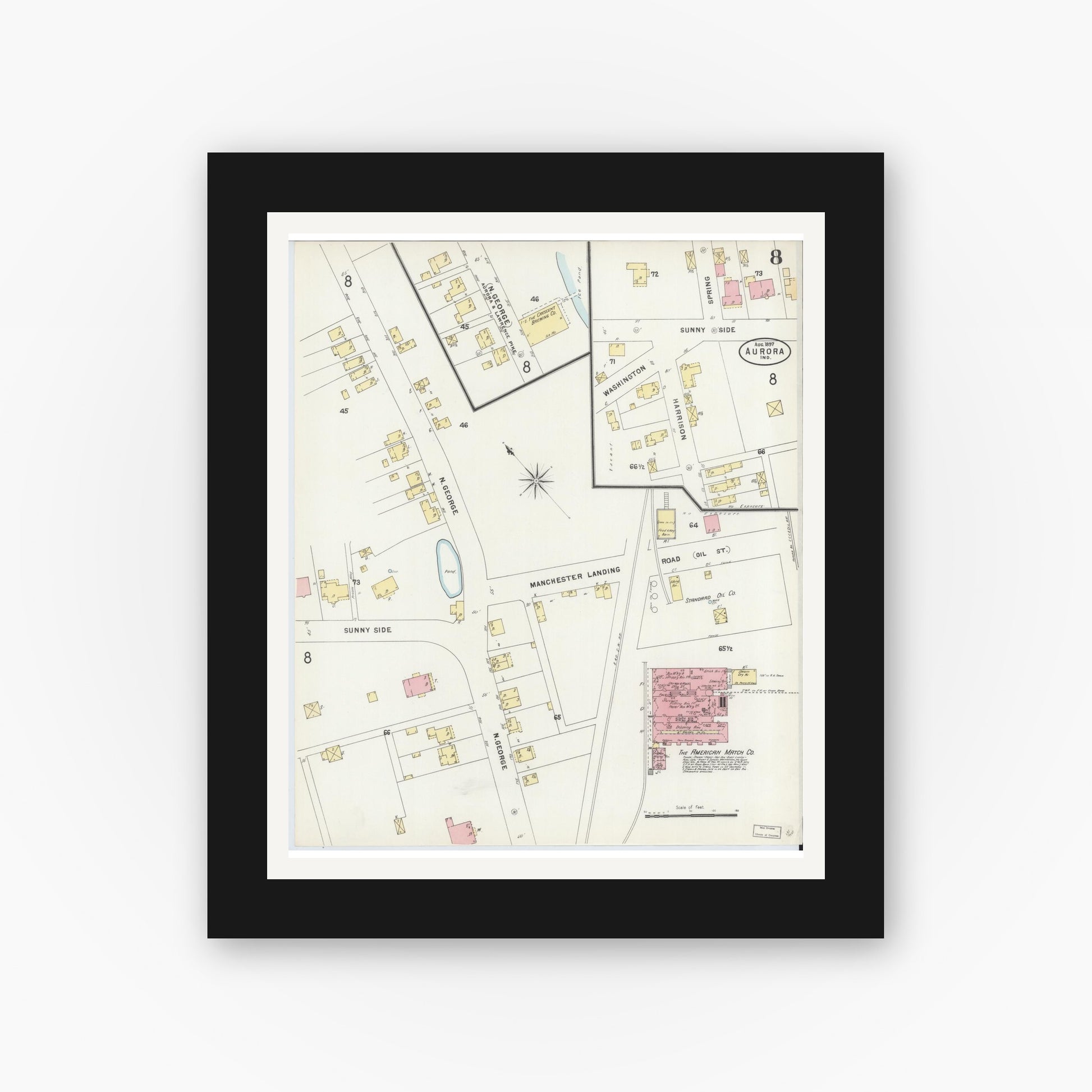Old map wall art mockup — black gallery frame with white mat — Sanborn Fire Insurance Map from Aurora, Dearborn County, Indiana (1897), Sheet #0008