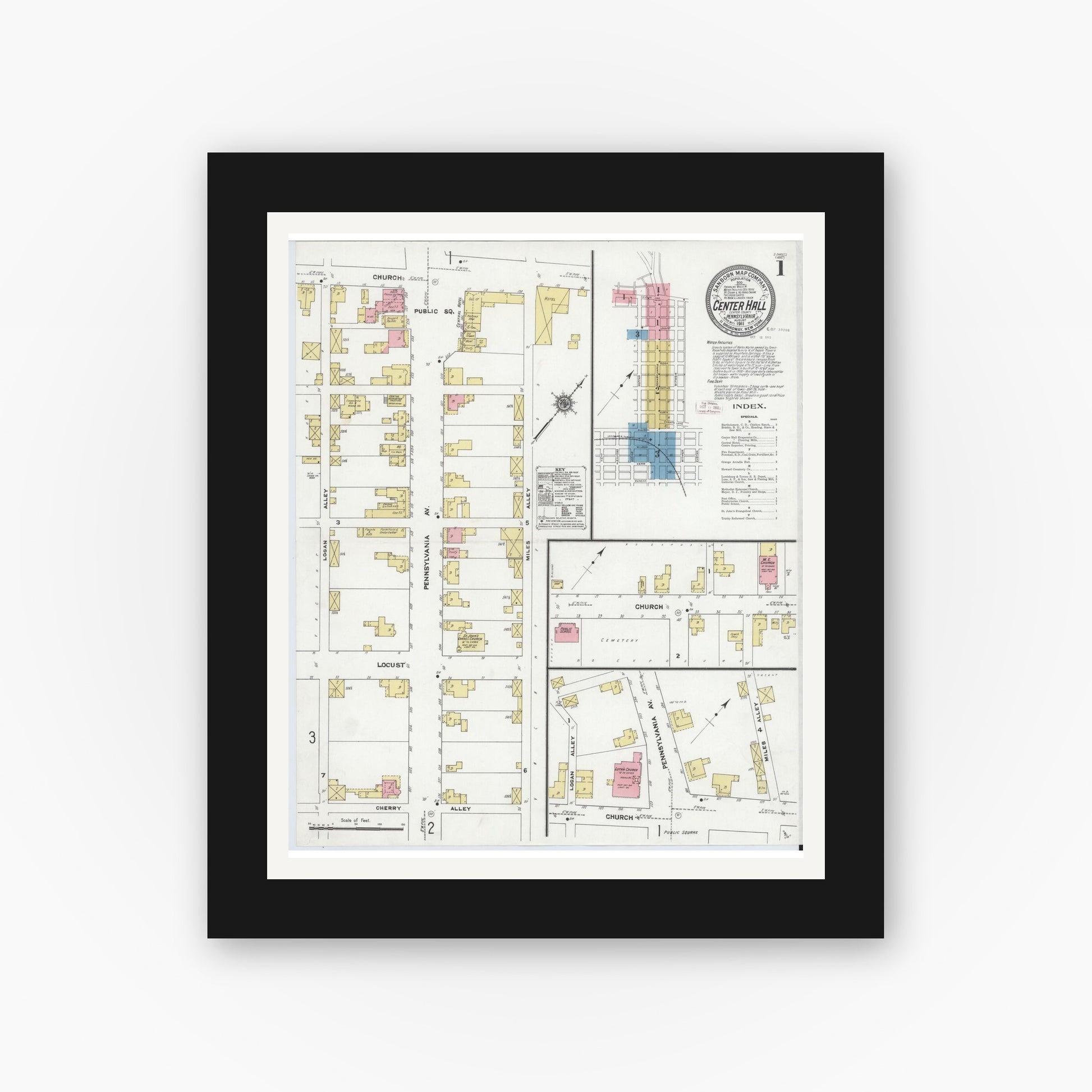 Old map wall art mockup — black gallery frame with white mat — Sanborn Fire Insurance Map from Center Hall, Centre County, Pennsylvania (1911), Sheet #0001