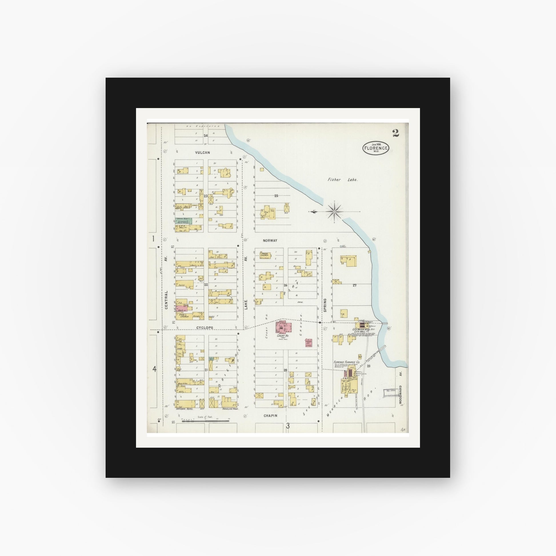 Old map wall art mockup — black gallery frame with white mat — Sanborn Fire Insurance Map from Florence, Florence County, Wisconsin (1898) - Complete Map Set