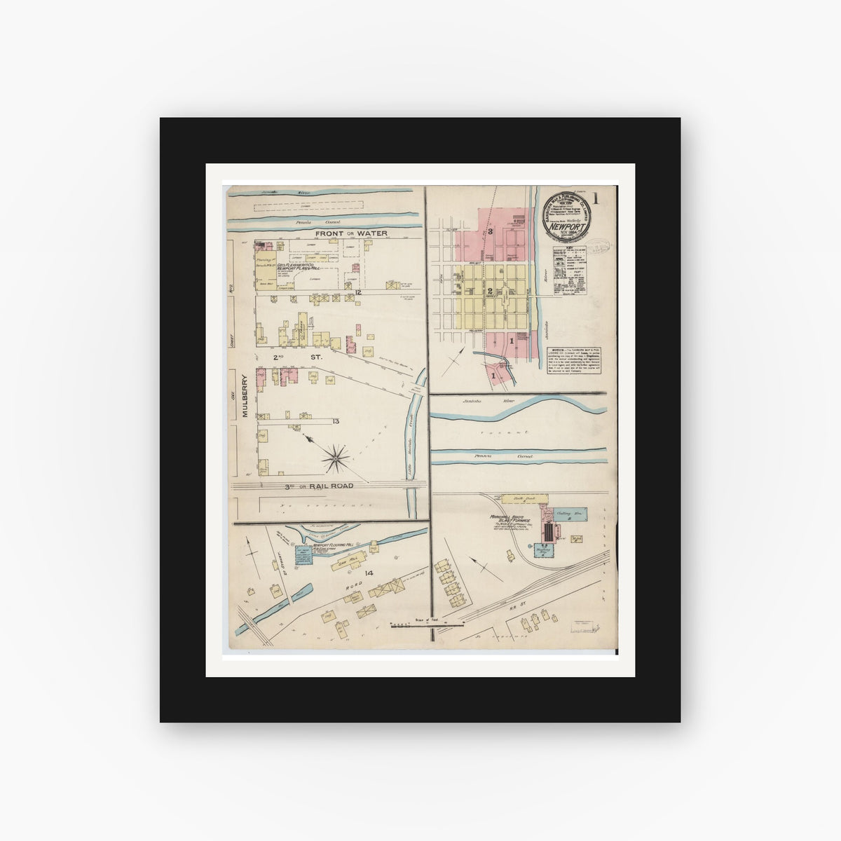 Old map wall art mockup — black gallery frame with white mat — Sanborn Fire Insurance Map from Newport, Perry County, Pennsylvania (1884) - Complete Map Set