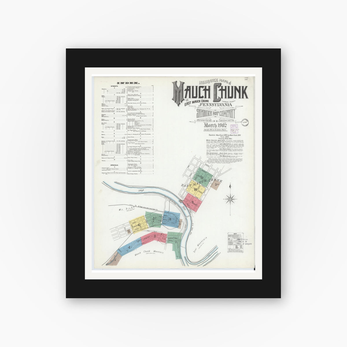Old map wall art mockup — black gallery frame with white mat — Sanborn Fire Insurance Map from Mauch Chunk, Carbon County, Pennsylvania (1902) - Complete Map Set