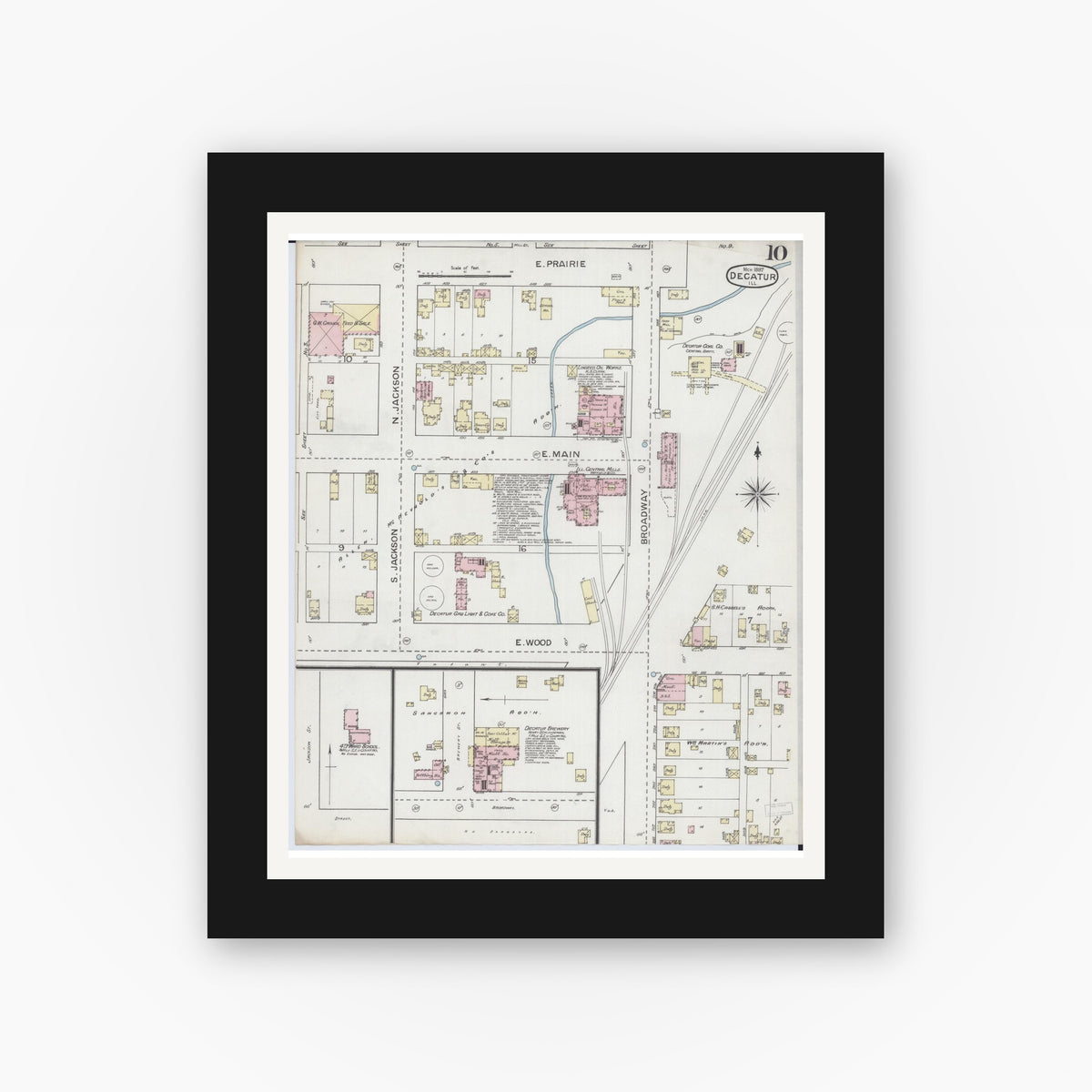 Old map wall art mockup — black gallery frame with white mat — Sanborn Fire Insurance Map from Decatur, Macon County, Illinois (1887), Sheet #0010