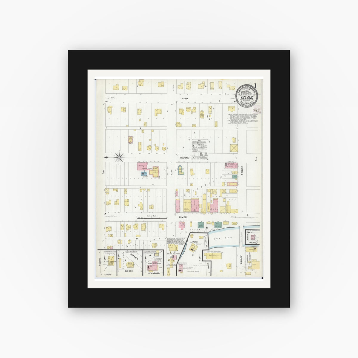 Old map wall art mockup — black gallery frame with white mat — Sanborn Fire Insurance Map from Delano, Wright County, Minnesota (1909), Sheet #0001