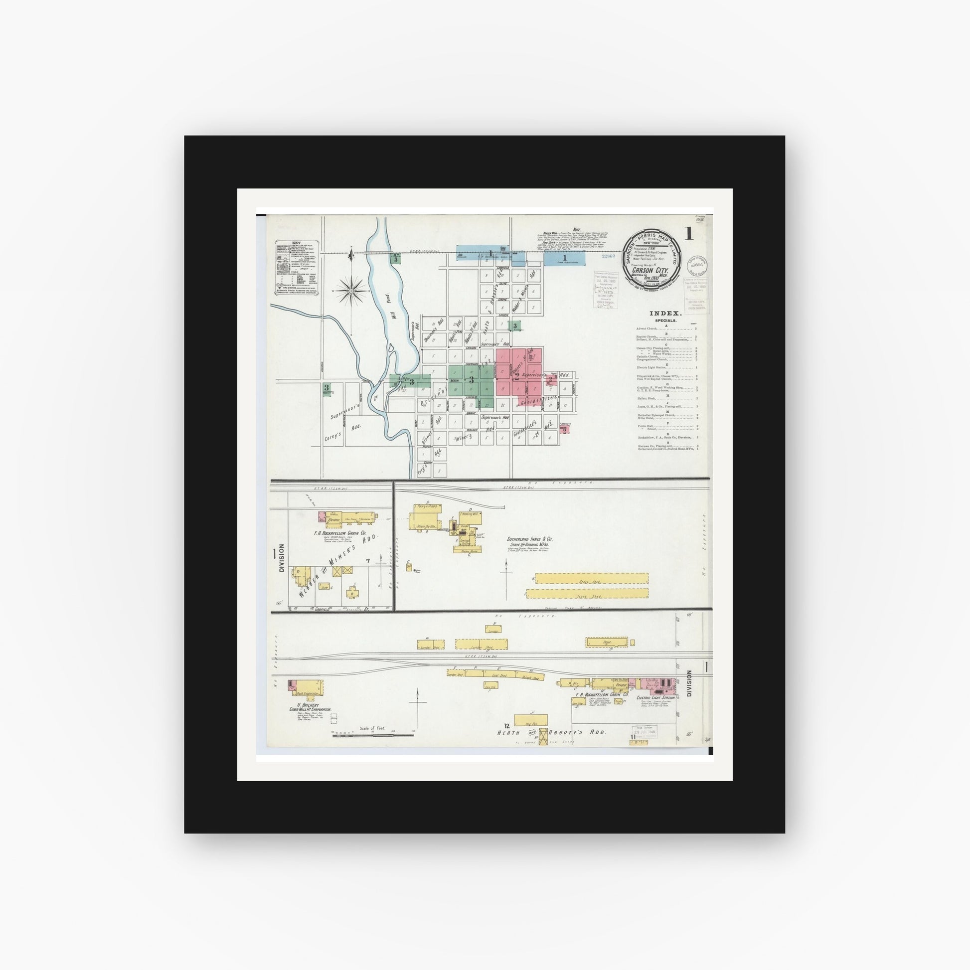 Old map wall art mockup — black gallery frame with white mat — Sanborn Fire Insurance Map from Carson City, Montcalm County, Michigan (1900), Sheet #0001