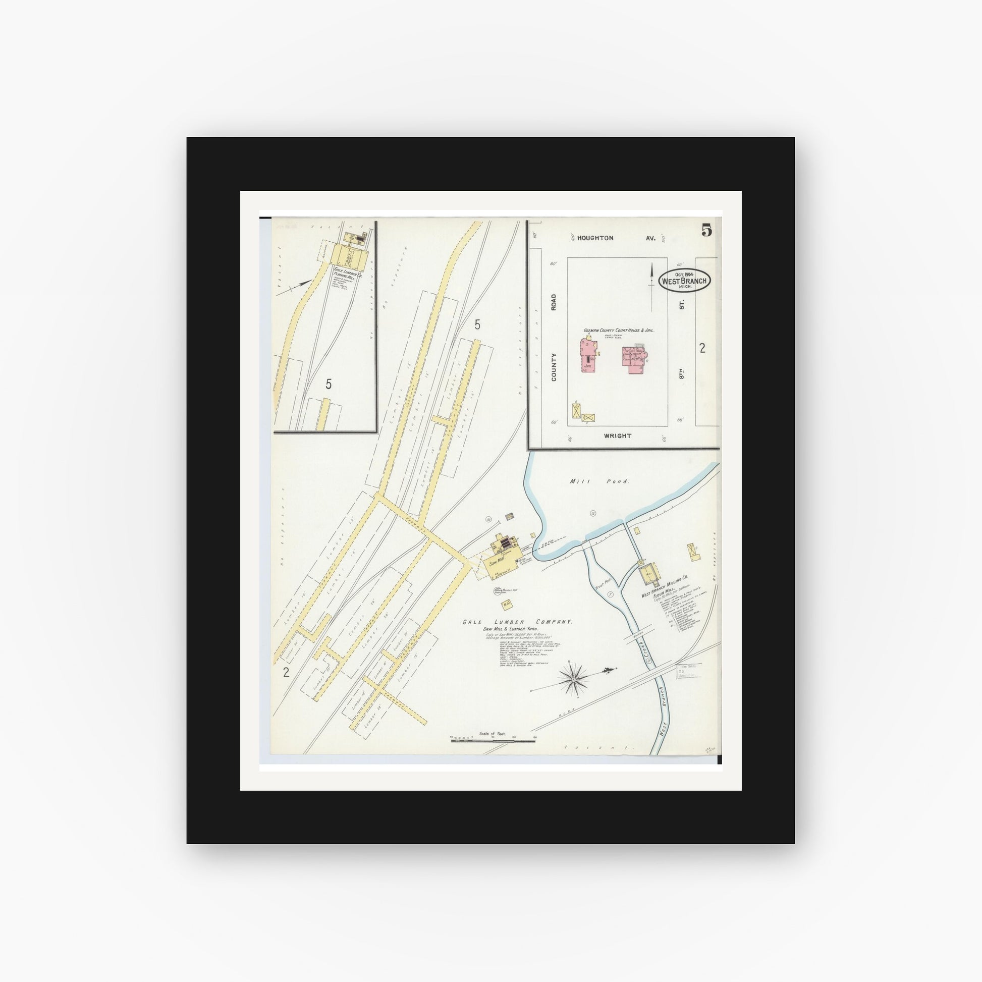 Old map wall art mockup — black gallery frame with white mat — Sanborn Fire Insurance Map from West Branch, Ogemaw County, Michigan (1904), Sheet #0005