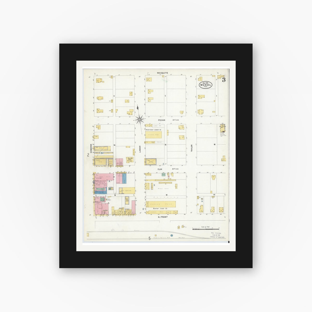 Old map wall art mockup — black gallery frame with white mat — Sanborn Fire Insurance Map from Merkel, Taylor County, Texas (1908), Sheet #0003
