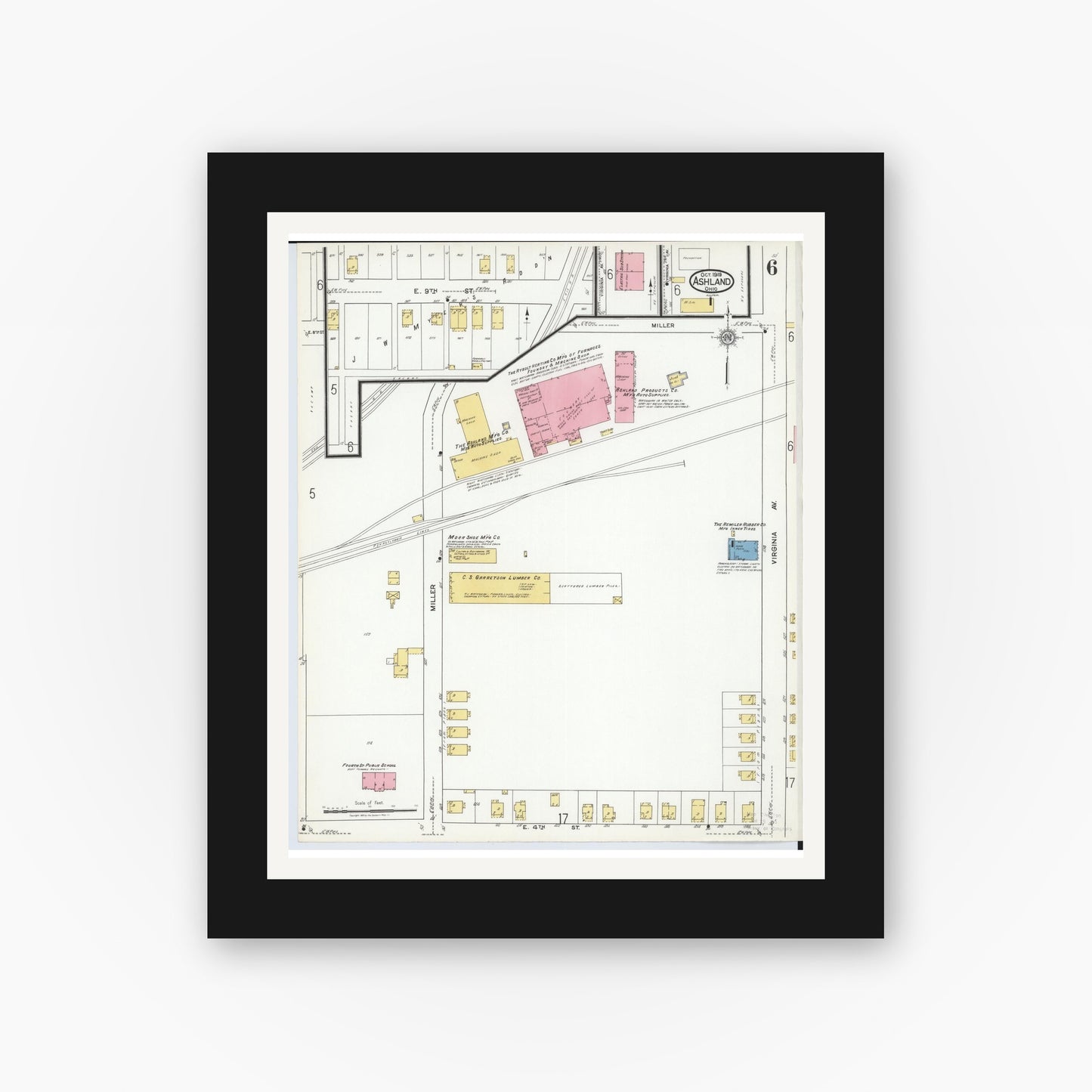 Old map wall art mockup — black gallery frame with white mat — Sanborn Fire Insurance Map from Ashland, Ashland County, Ohio (1919), Sheet #0006