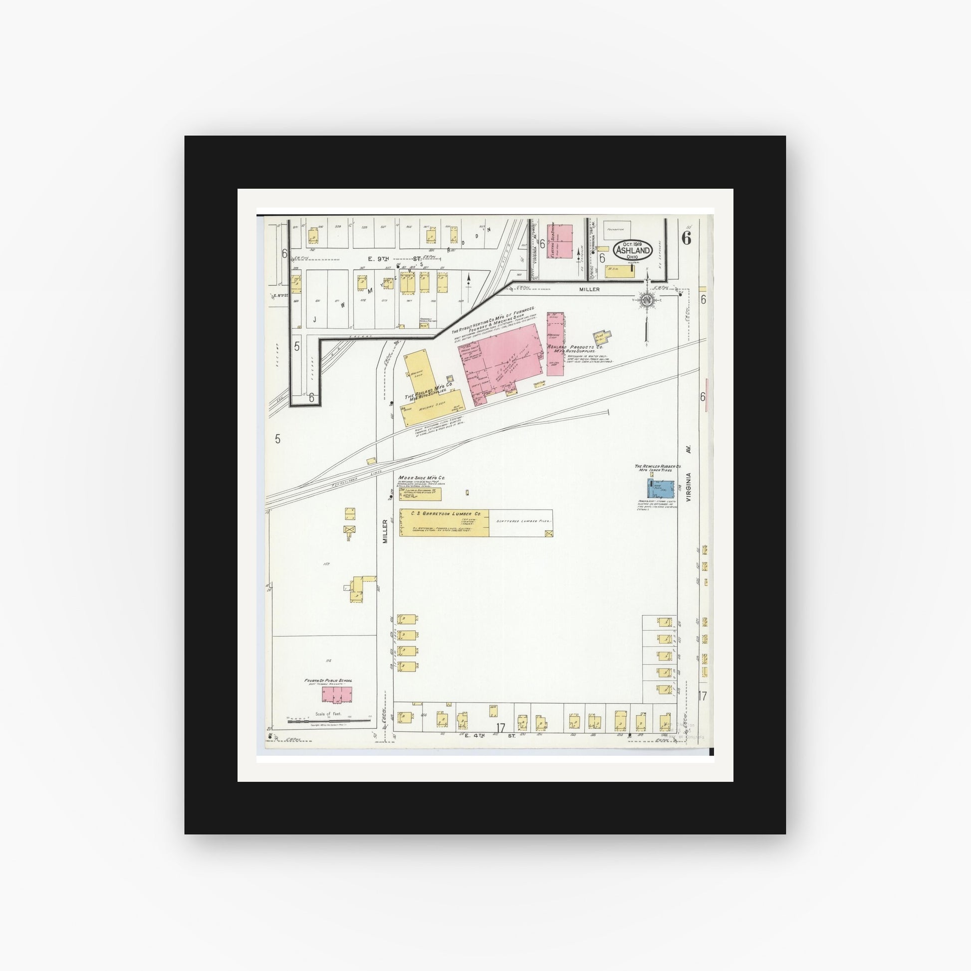 Old map wall art mockup — black gallery frame with white mat — Sanborn Fire Insurance Map from Ashland, Ashland County, Ohio (1919), Sheet #0006
