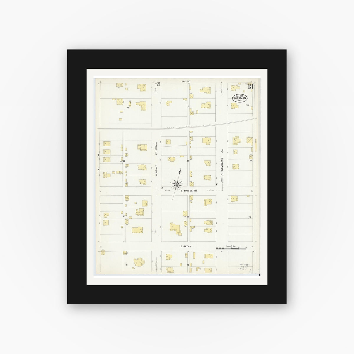 Old map wall art mockup — black gallery frame with white mat — Sanborn Fire Insurance Map from Sherman, Grayson County, Texas (1908), Sheet #0013