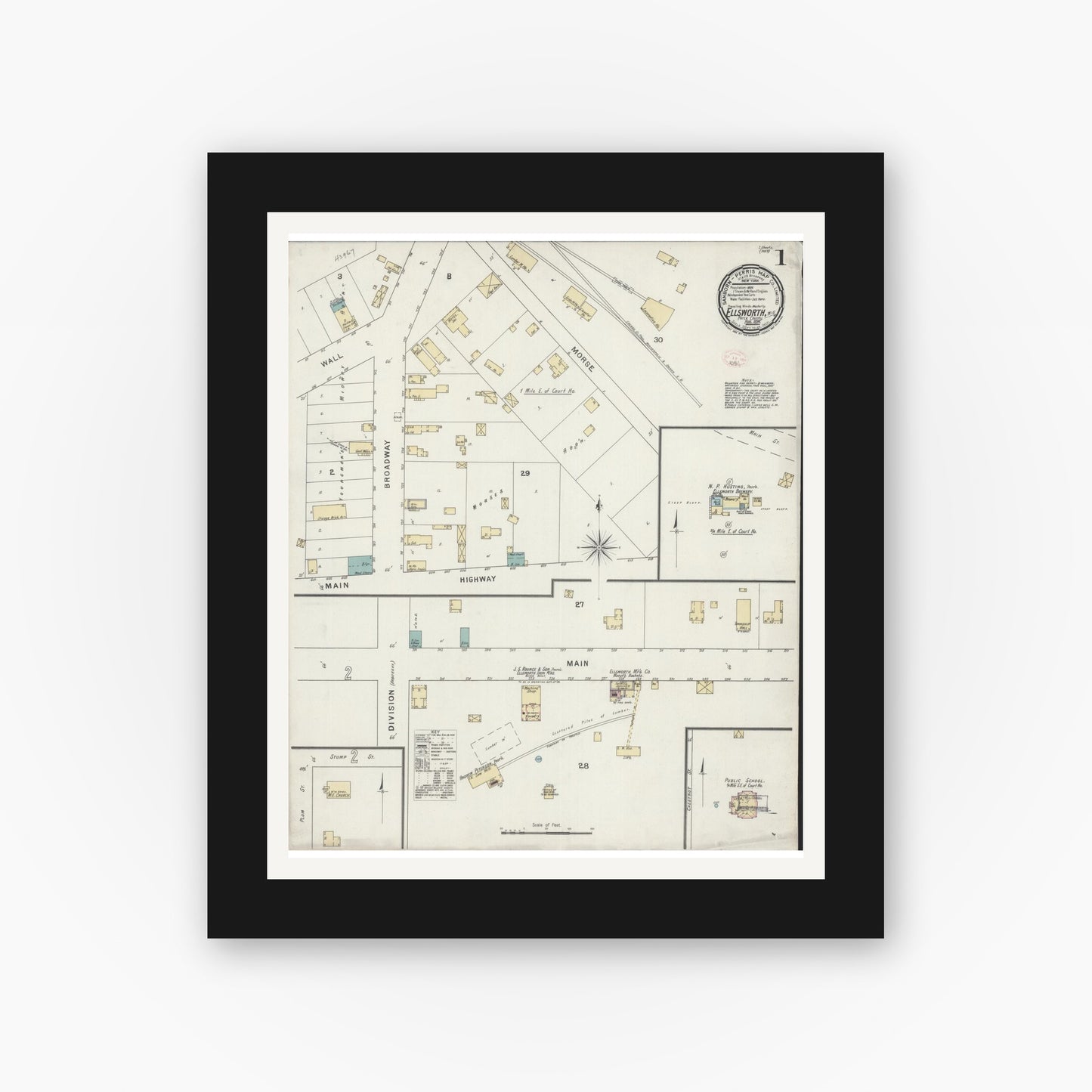 Old map wall art mockup — black gallery frame with white mat — Sanborn Fire Insurance Map from Ellsworth, Pierce County, Wisconsin (1894) - Complete Map Set